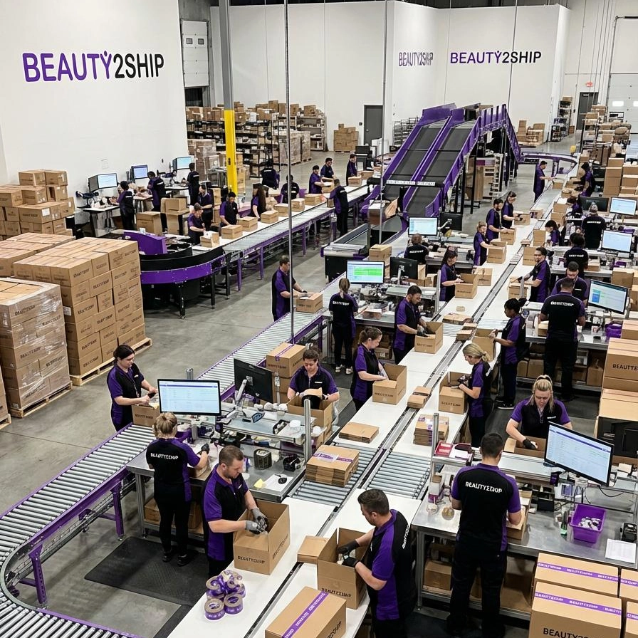 luxury beauty products in climate controlled warehouse with temperature monitoring display, premium skincare bottles on shelves, modern fulfillment center